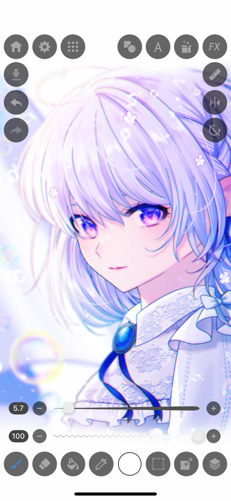 Una captura de pantalla de la aplicación MediBang Paletta que muestra una ilustración detallada de una chica de anime con herramientas de pintura digital.