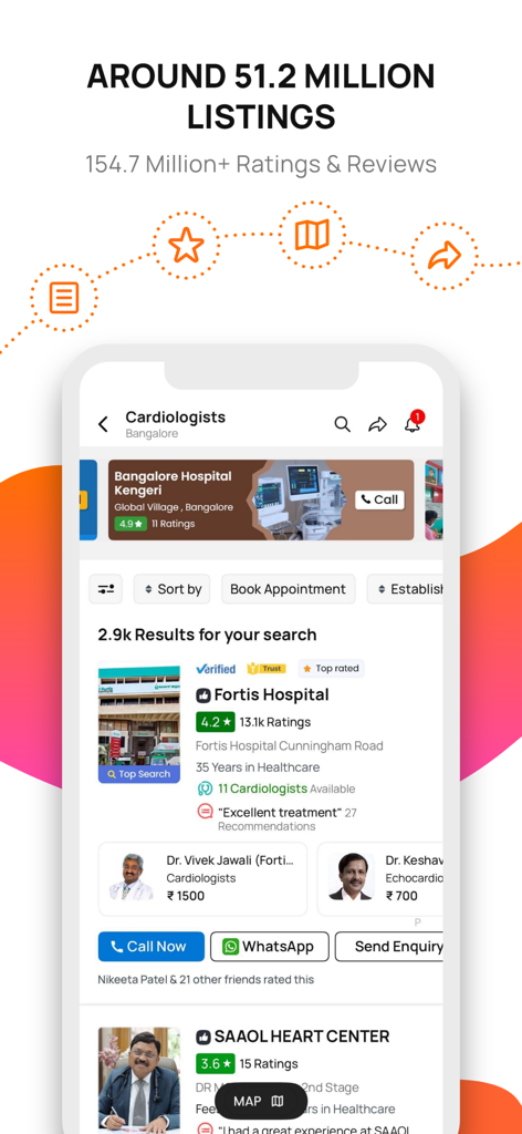 JD - The Best Local Search App - Resultados de búsqueda de cardiólogos en Bangalore en la aplicación Justdial, mostrando calificaciones de hospitales y botones de contacto.