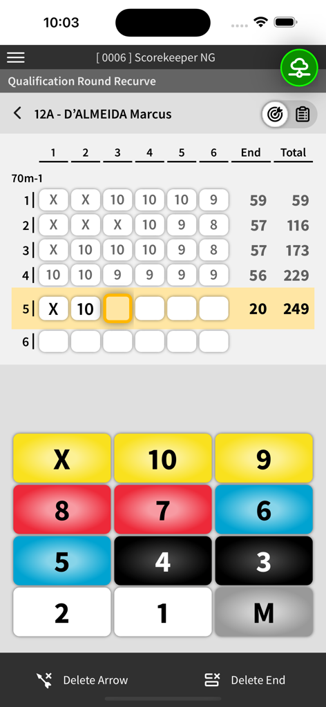 Ianseo Scorekeeper NG - Archery scoring screen in Ianseo Scorekeeper NG showing points for a recurve qualification round