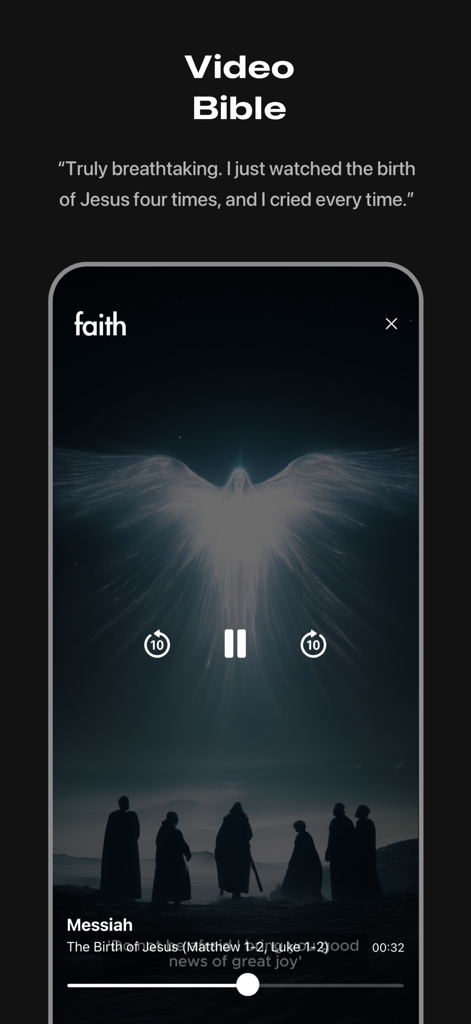 Faith - The Video Bible - 천사가 있는 성경 풍경을 보여주는 Faith 앱의 AI 생성 시네마틱 영상 장면.