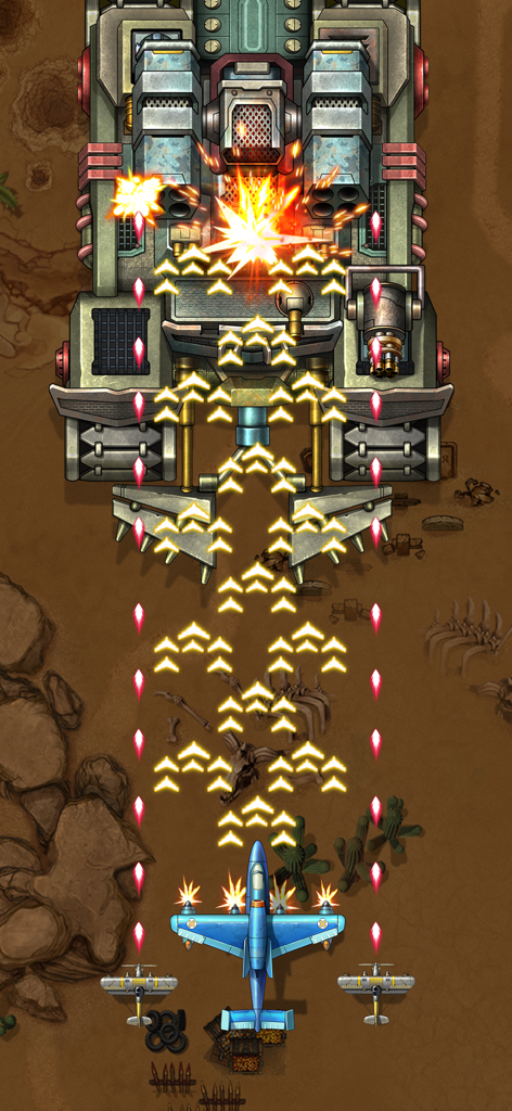 1941 AirAttack: Airplane Game - Un avión de combate azul disparando a un enorme tanque blindado en un campo de batalla desértico durante un encuentro con un jefe.