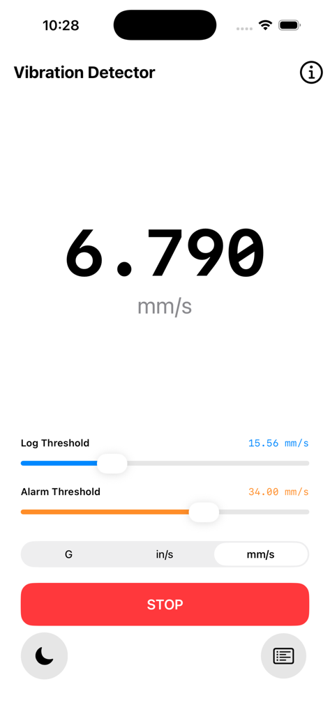 Vibration Detector app screen showing a real time measurement of 6.790 mm per s with log and alarm threshold sliders