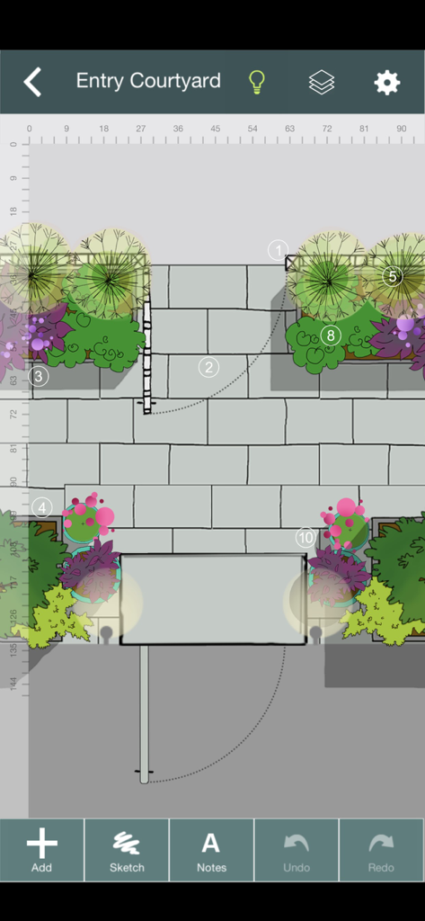 Conception paysagère 2D d'une cour d'entrée avec des chemins en pierre et des parterres de jardin dans Yard Planner