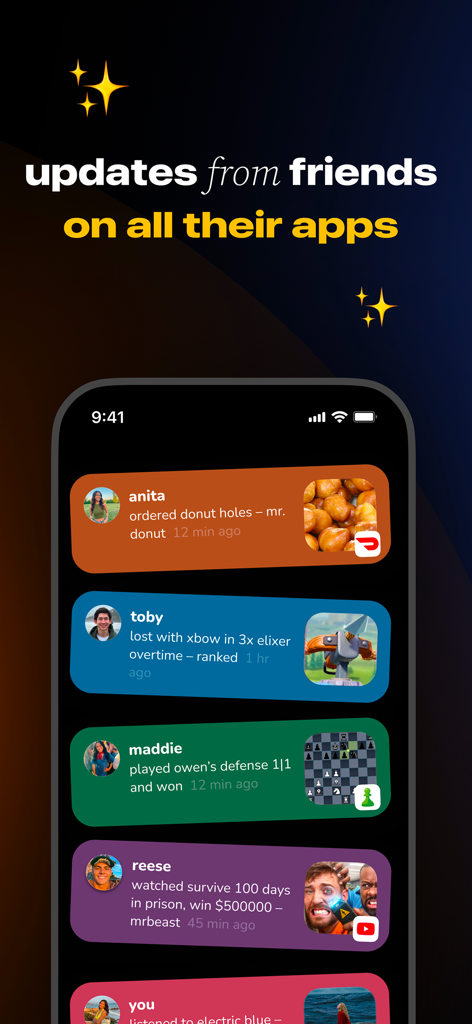 Ein mobiler Bildschirm, der einen Feed von Updates von Freunden aus verschiedenen Apps wie YouTube, Chess und DoorDash zeigt.