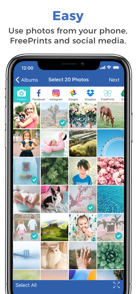 Interface of the FreePrints Photobooks app for selecting photos from phone and social media sources