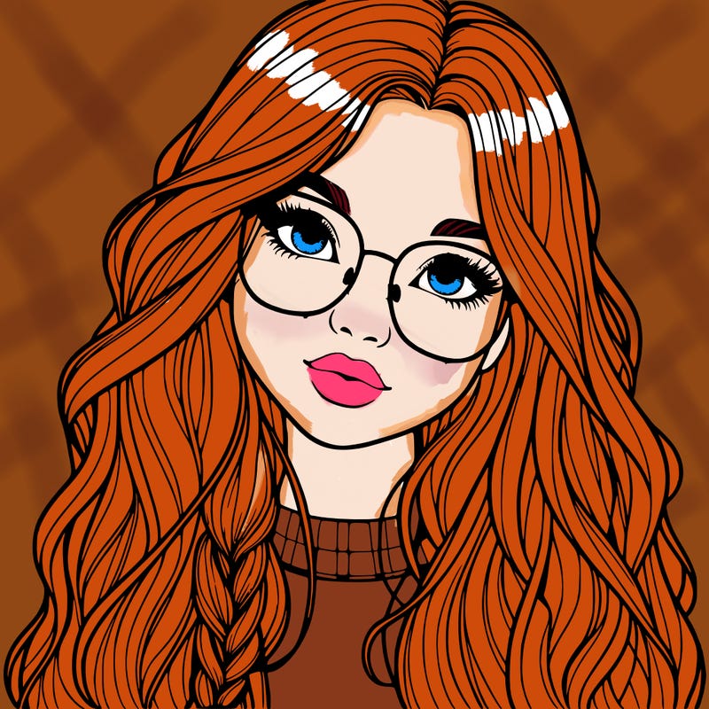 girl with long hair and freckles and glasses realistic