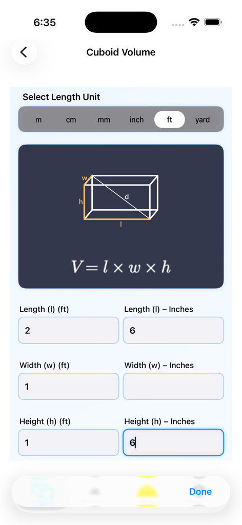 Volume Calculator 3D - Cuboid volume calculation interface in Volume Calculator 3D showing the formula and imperial unit inputs