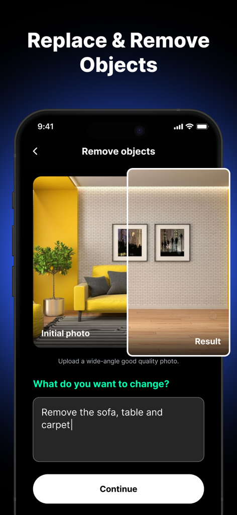 AI Home Planner – Design App - Interfaz de la aplicación Planificador Hogar IA demostrando la eliminación de un sofá y una alfombra de una foto de sala de estar usando IA.
