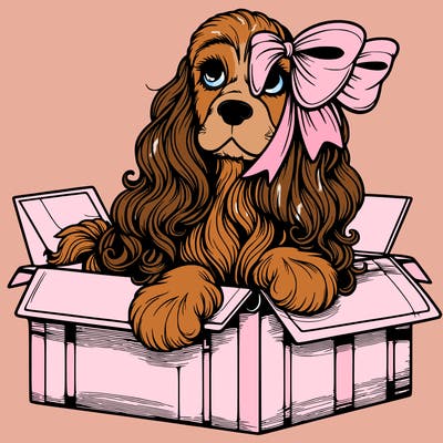 a spaniel american cocker with a beautiful bow coming out if a box realistic cute