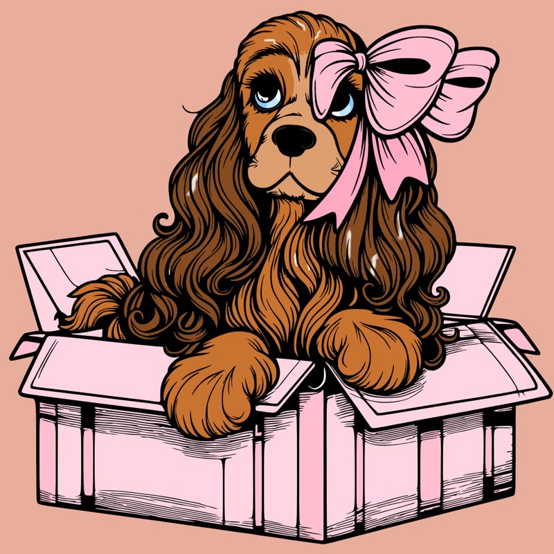 a spaniel american cocker with a beautiful bow coming out if a box realistic cute