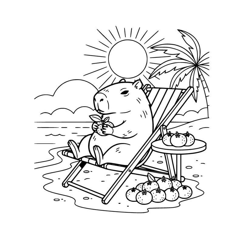 a capybara sitting in a beach on a chair with tangerines on preppy edition