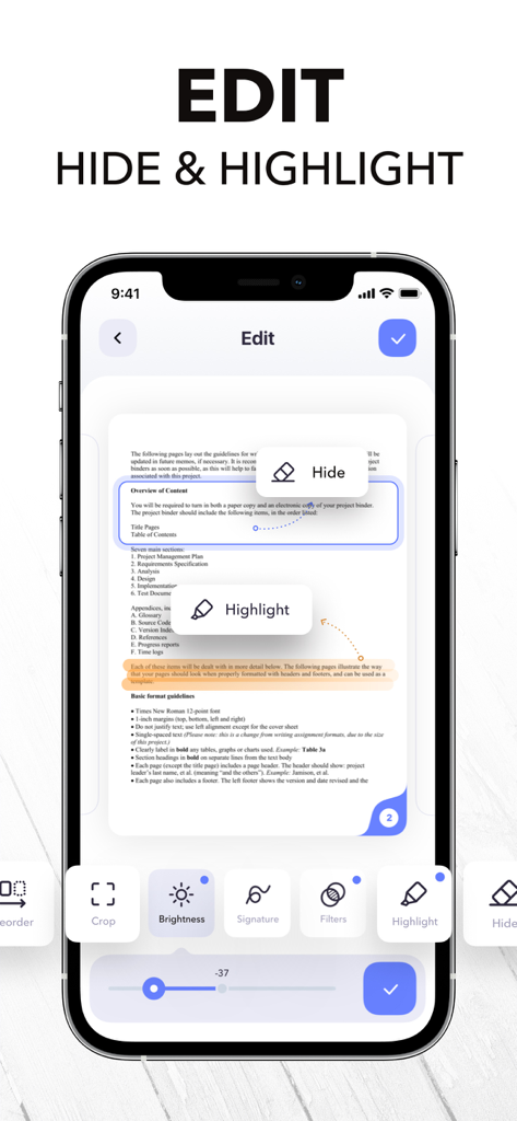 PDF Scanner App: Scanner+ Docs - Pantalla de smartphone mostrando el menú de edición de la aplicación PDF Scanner con opciones para ocultar y resaltar texto en un documento.
