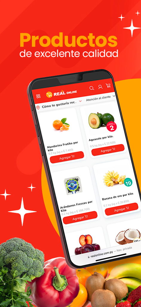 Real online - Interface de l'application mobile Real online montrant des fruits et légumes frais avec le texte 'produits d'excellente qualité' en espagnol.