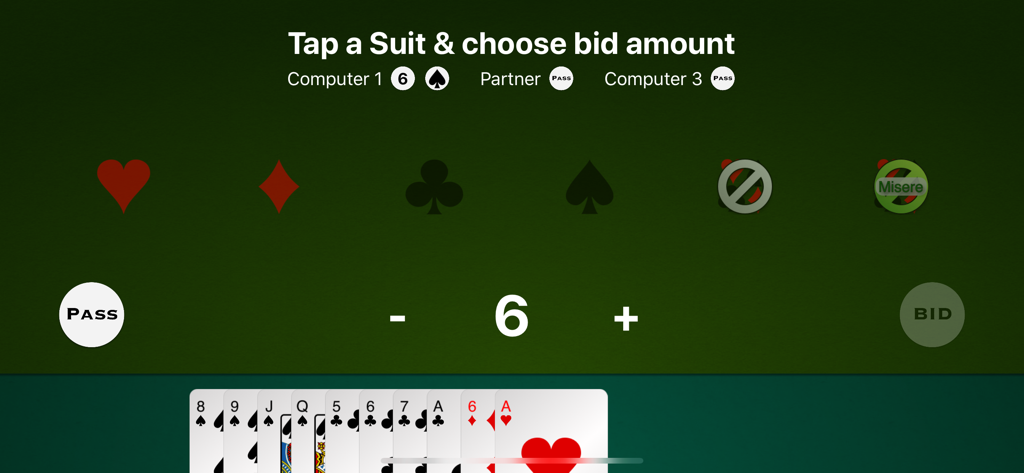 Extreme 500 - Interfaccia di dichiarazione del gioco di carte Extreme 500 che mostra semi di carte e opzioni di dichiarazione contro giocatori IA.