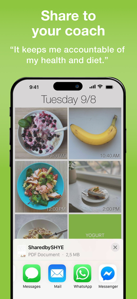 Food Diary See How You Eat Log - Pantalla de teléfono inteligente que muestra un diario de comidas fotográfico visual que se comparte como un documento PDF a través de varias aplicaciones de mensajería.