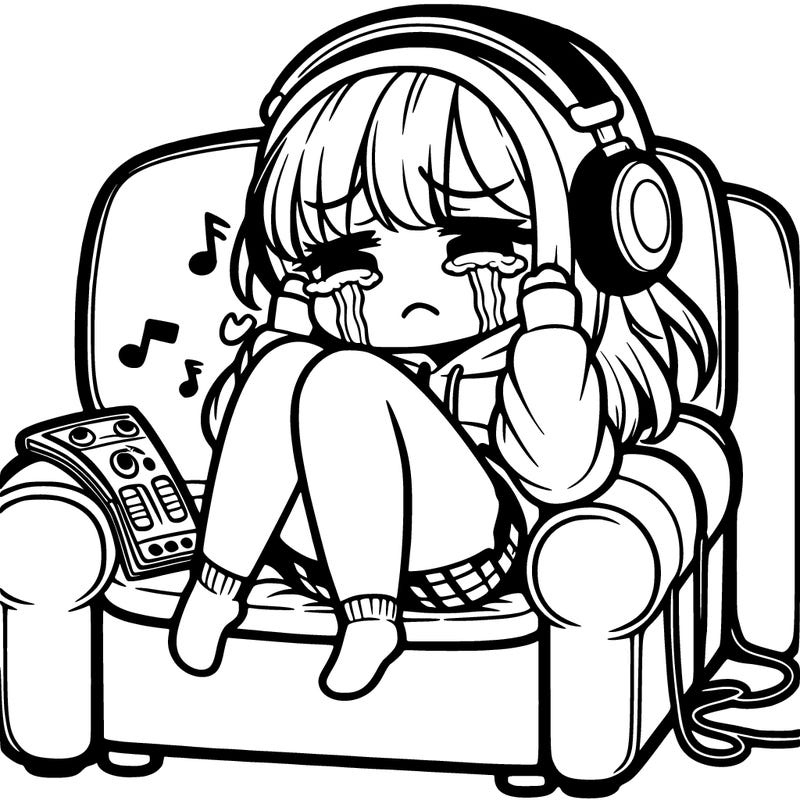 a girl sitting on a comfy chair and wearing a hoodie and shorts crying and listening to music