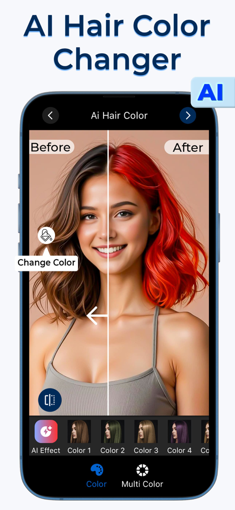Hair Color Changer-Makeup Tool - Before and after comparison of a virtual hair color change using AI