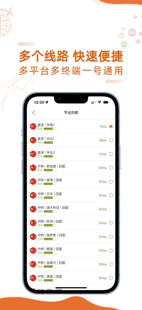 Monkey Speed - Quick VPN - Interface of the Monkey Speed VPN app showing a list of global server nodes with low latency connections back to China.