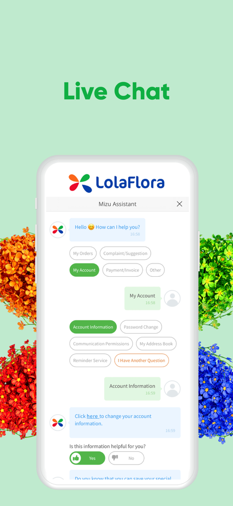 Interfaz de chat en vivo en la aplicación de entrega de flores LolaFlora