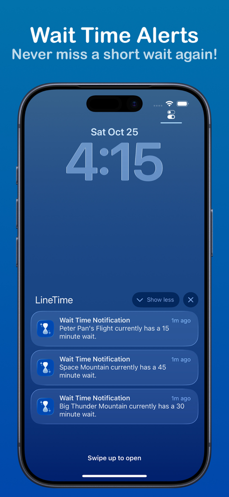 LineTime for Disneyland - iPhone lock screen showing LineTime wait time notifications for Disneyland attractions