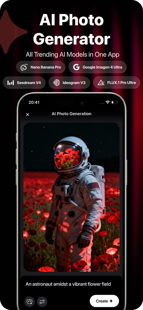 Interface de l'application Playground AI montrant un astronaute généré par IA dans un champ de fleurs vibrant créé à partir d'une invite textuelle.