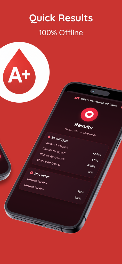 Uma tela de aplicativo móvel mostrando as porcentagens de probabilidade para o tipo sanguíneo e fator Rh de um bebê com base nos tipos sanguíneos dos pais