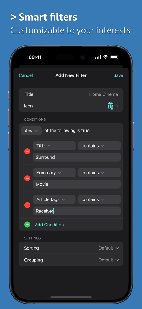News Explorer app interface showing the Add New Filter screen with custom conditions for Home Cinema news.