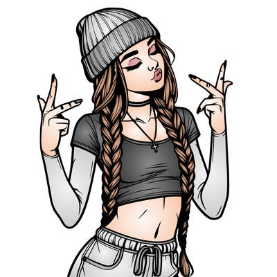realistic teenage girl with braids and a beanie and crop top doing 🫶🏼