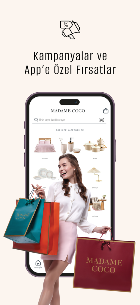 Madame Coco - マダム・ココのショッピングバッグを持つ女性と、ホームテキスタイル製品を表示するアプリインターフェース