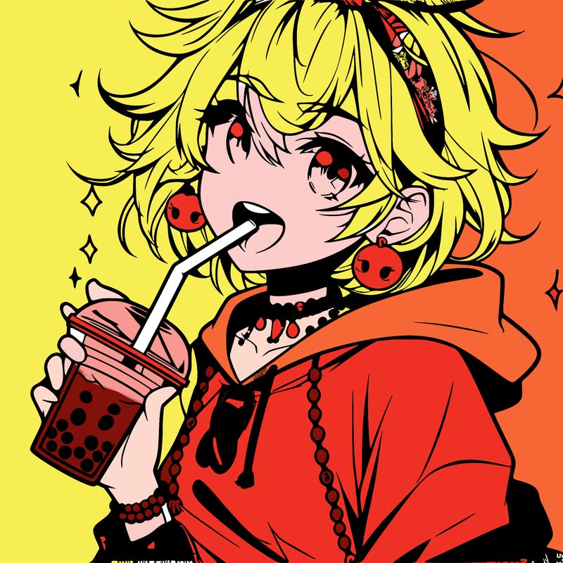 hot baddie anime girl drinking boba and biting the straw