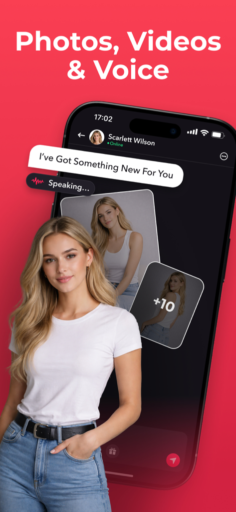 Luvio: Chat with AI Character - Luvio app screenshot showing a chat with an AI character named Scarlett Wilson including photos and voice messages.