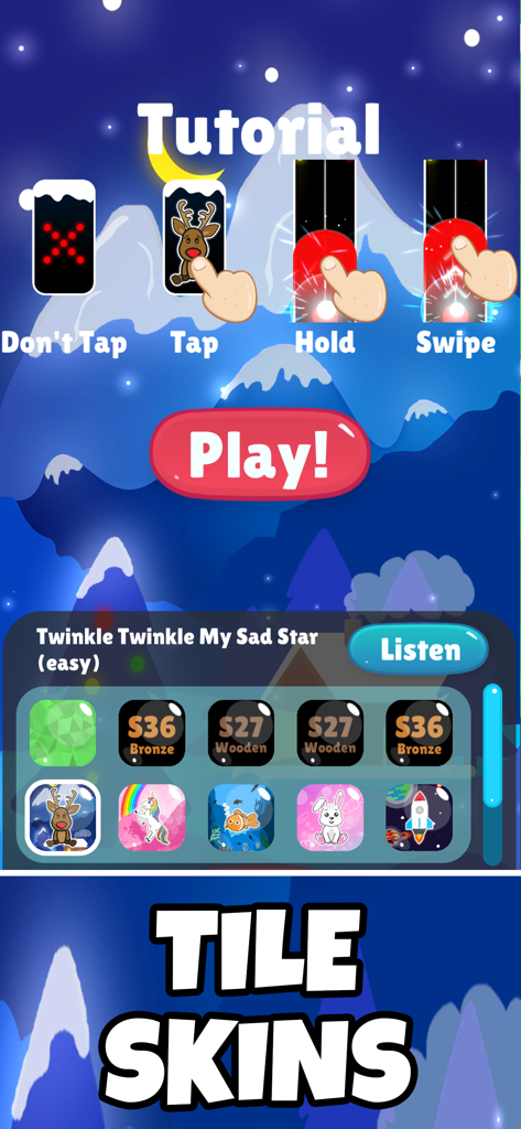 Piano Ninja: Music Game - Screenshot of the Piano Ninja tutorial showing tap hold and swipe gestures with various animal tile skins