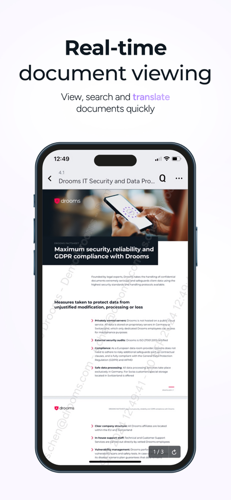 Drooms - Capture d'écran de l'application Drooms mettant en évidence la visualisation de documents en temps réel et les détails de la fiche de sécurité.