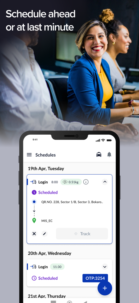 MoveInSync app interface for scheduling corporate commutes with carbon footprint and tracking details