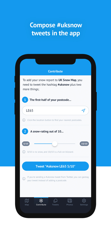 A screenshot of the UK Snow Map app showing the contribution screen to report local snow levels via Twitter