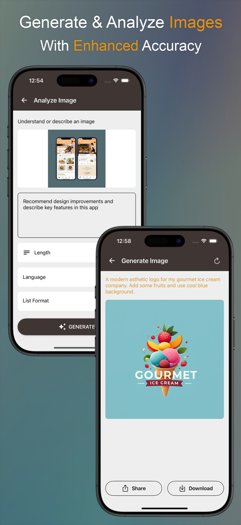 Oberfläche der Business AI App, die Bildanalyse für Designfeedback und KI-Generierung eines Firmenlogos zeigt.