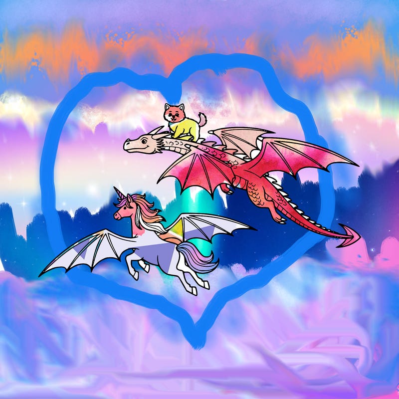 two dragons flying on the sky with a small cute dog riding on them. and there is one unicorn flying with them. and other than that there is nothing else on the sky. the dragon with the dog is a tiny bit above than the other animals