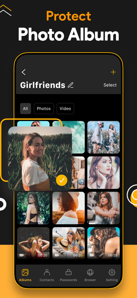 SPV Photo Vault mobile app interface displaying a secure photo album