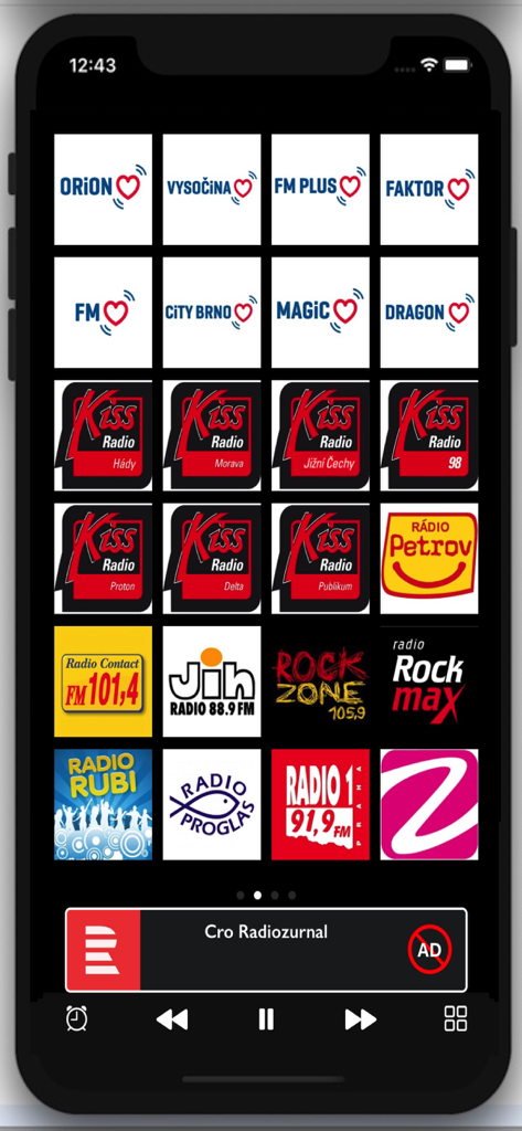 Interface of the Radio Ceska republika app displaying a grid of Czech radio station logos