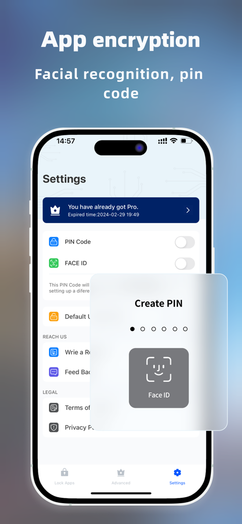 App encryption settings showing Face ID and PIN code options