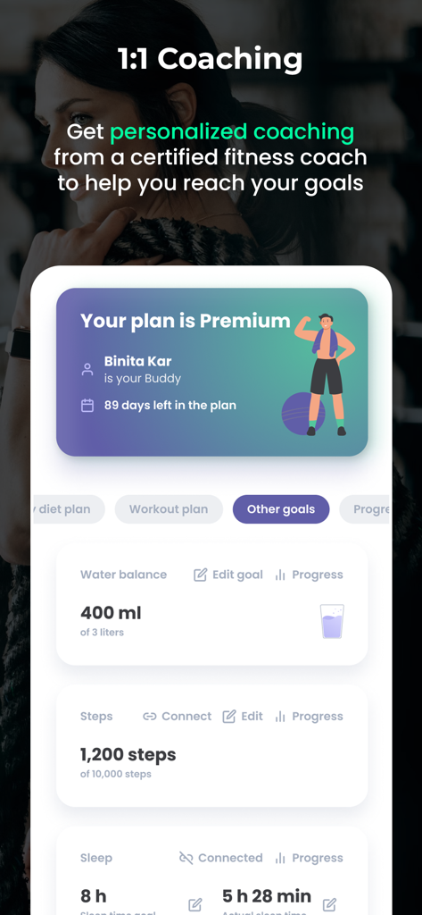 MyHealthBuddy 모바일 앱 화면에 표시되는 개인 맞춤 1:1 코칭 및 물 섭취량, 걸음 수, 수면 추적과 같은 일일 건강 측정 항목.