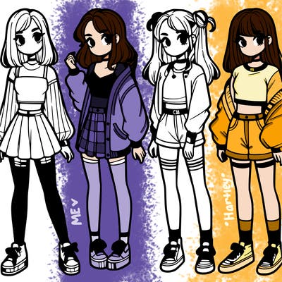 one girl with crop-top shirt and a jacket with a skirt, long socks and another girl with a shirt and pants with a jacket