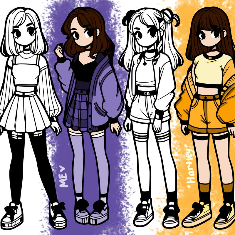 one girl with crop-top shirt and a jacket with a skirt, long socks and another girl with a shirt and pants with a jacket