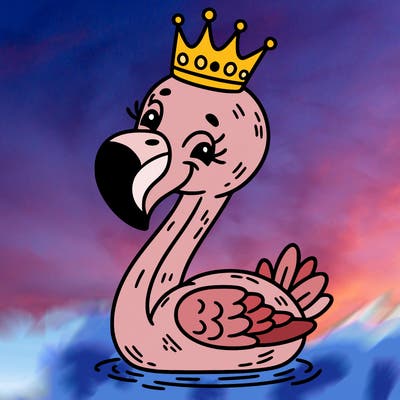 funny smiling flamingo with a crown around his neck