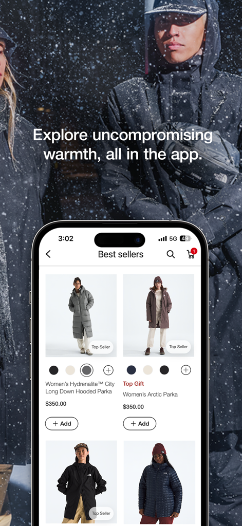 The North Face mobile app interface showing best selling women's parkas with product details and prices