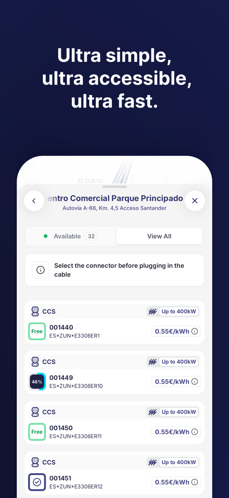 Zunder app interface showing real-time availability and prices of ultra-fast CCS charging connectors at a station.