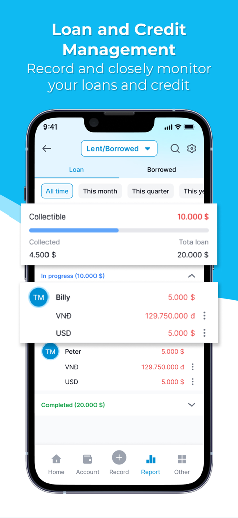 Spending Tracker-Money Manager - Schermata dell'app mobile che mostra la gestione di prestiti e crediti per tracciare denaro prestato e preso in prestito