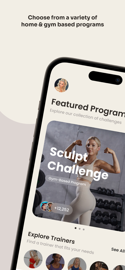 Grounds: Fitness App For Women - Grounds app interface showing the Sculpt Challenge gym-based program and featured trainers.