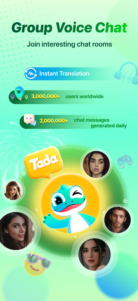 Tada - Group Voice Chat Rooms - Tada app interface displaying group voice chat features and user statistics