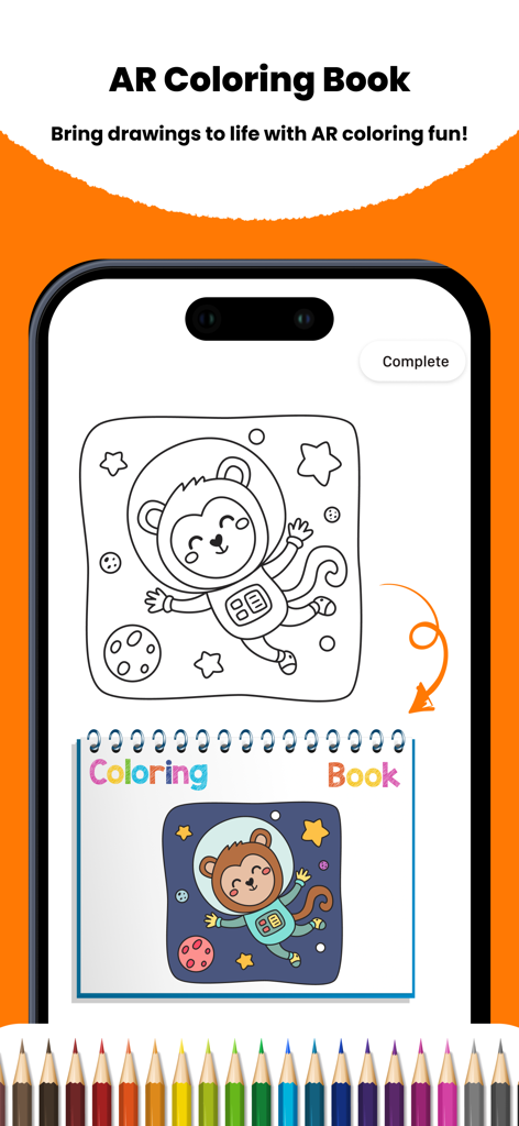 AR Drawing Paint Art - Interfaz de libro de colorear digital con un boceto de mono astronauta y lápices de colores